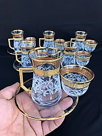 18 Parça Mıralı Duru Çay seti Gravür Altın Bant Salkım