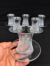 12 PARÇA ÇAYELİ ÇAY SETİ GRAVÜR GÜMÜŞ ÜÇGEN ÇİZGİ