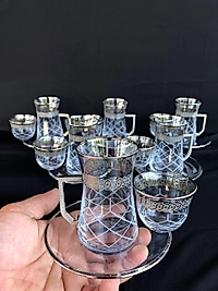 18 Parça Mıralı Duru Çay seti Gravür Platin Bant Kapitone