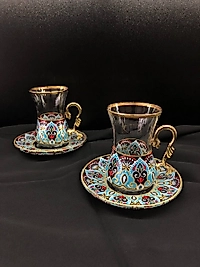 4 Parça İncebelli Çay Seti Ağız & Tabak Yladız Mavi Kilim (2 Kişilik)