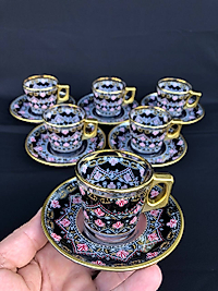 12 PARÇA TÜRK KAHVESİ SETİ  AĞIZ ALTIN SİYAH  KİLİM DESEN