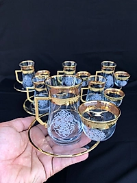 18 Parça Mıralı Duru Çay seti Gravür Altın  Bant Sarkıt