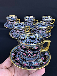 12 PARÇA FİNCAN SETİ   -AĞIZ ALTIN SİYAH KİLİM DESEN