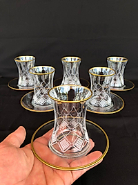 12 PARÇA ÇAYELİ ÇAY SETİ GRAVÜR SARI FEZA