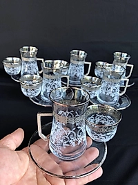 18 Parça Mıralı Duru Çay seti Gravür Platin Bant Salkım