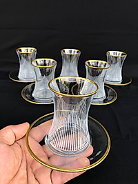 12 PARÇA ÇAYELİ ÇAY SETİ GRAVÜR SARI ÜÇGEN ÇİZGİ