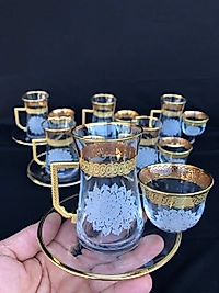 18 Parça Mıralı Duru Çay seti Gravür Altın Bant ZİNCİR