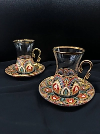 4 Parça İncebelli Çay Seti Ağız & Tabak Yaldız Kırmızı Kilim (2 Kişilik)