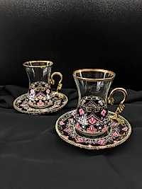 4 Parça İncebelli Çay Seti Ağız & Tabak Yaldız Siyah Kilim (2Kişilik)