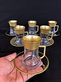 12 PARÇA ÇAYELİ ÇAY SETİ GRAVÜR AĞIZ KAPLAMA YATAY ÇİZGİ