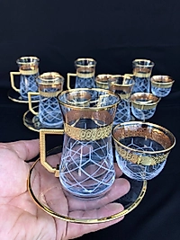 18 Parça Mıralı Duru Çay seti Gravür Altın Bant Kapitone