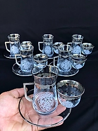 18 Parça Mıralı Duru Çay seti Gravür Platin Bant Sarkıt