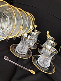 24 PARÇA İKRAM SETİ GRAVÜR SARI ÜÇGEN ÇİZGİ